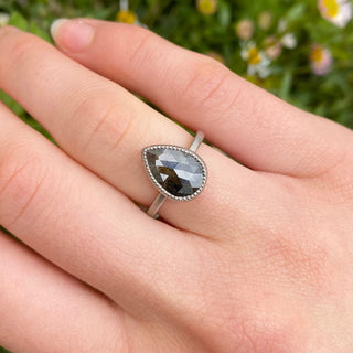 Lowenna - 18ct White Gold Rustic Pear Cut Black Diamond Solitaire Engagement Ring (Size K, Resize I - M)