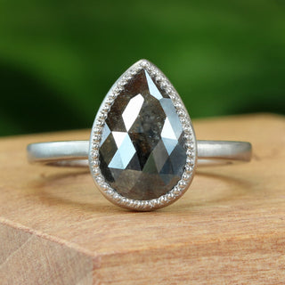 Lowenna - 18ct White Gold Rustic Pear Cut Black Diamond Solitaire Engagement Ring (Size K, Resize I - M)