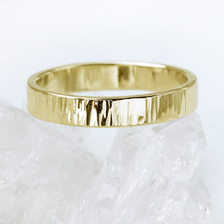 Men's 9ct gold 4mm wide wedding band with tree bark hammered texture