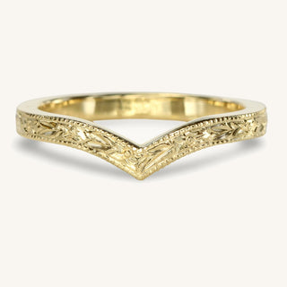 Handmade 18ct gold wishbone wedding band with floral orange blossom engraving