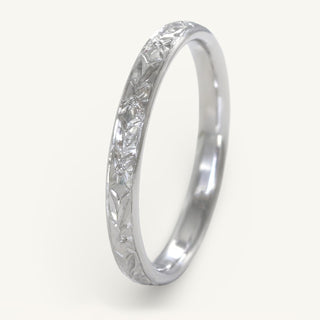 Orange blossom hand engraved platinum wedding ring in a 2.5mm court profile