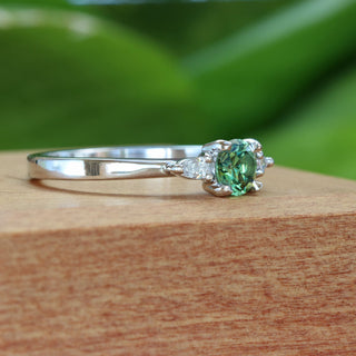 Pentillie Handmade Platinum Green Sapphire Trilogy Engagement Ring