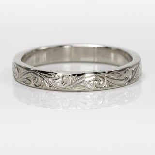 Platinum Floral Scroll Engraved 3mm Flat Profile Wedding Ring
