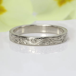 Platinum Floral Scroll Engraved 3mm Flat Profile Wedding Ring