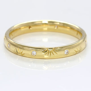 Hand engraving rising sun and diamond eternity or wedding ring, made from sustainable solid 18ct gold