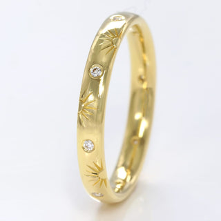 Rising Sun hand engraved 18ct gold court wedding or eternity ring with diamonds