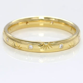 Hand engraved rising sun and diamond eternity or wedding ring, made from sustainable solid 18ct gold
