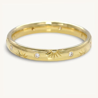 Hand engraved rising sun and diamond eternity or wedding ring, made from sustainable solid 18ct gold