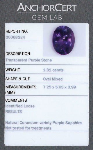 AnchorCert gem certificate for the natural oval purple sapphire.