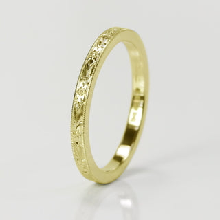 Slim 18ct Gold Orange Blossom Engraved Flat Profile Wedding Ring