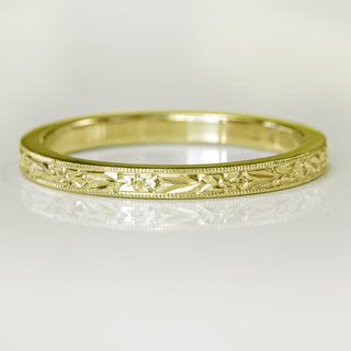 Slim 18ct Gold Orange Blossom Engraved Flat Profile Wedding Ring