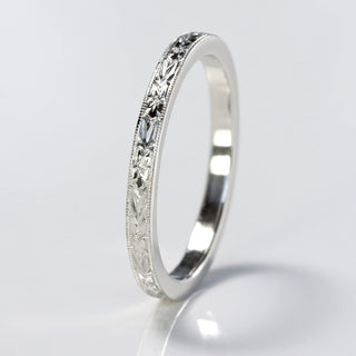 Slim Platinum Orange Blossom Engraved Flat Profile Wedding Ring