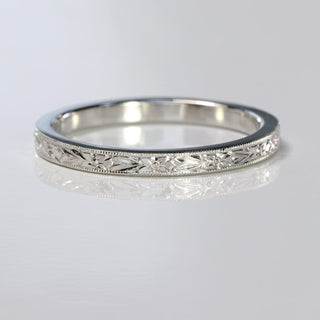 Slim Platinum Orange Blossom Engraved Flat Profile Wedding Ring