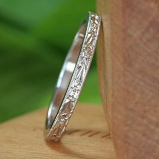 Slim Platinum Orange Blossom Engraved Flat Profile Wedding Ring - Size M