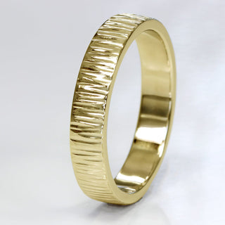18ct gold 4mm flat profile wedding band with tree bark texture