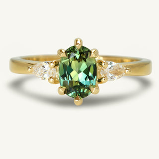 Veryan 18ct gold fair trade oval Parti sapphire trilogy ring with pear cut side diamonds, handmade in Cornwall by Lilia Nash