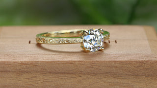 18ct gold old cut lab diamond solitaire engagement ring with hand engraved orange blossom pattern