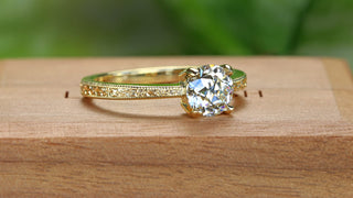 18ct gold old cut lab diamond solitaire engagement ring with hand engraved orange blossom pattern