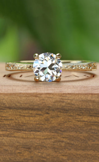 18ct gold old cut lab diamond solitaire engagement ring with hand engraved orange blossom pattern
