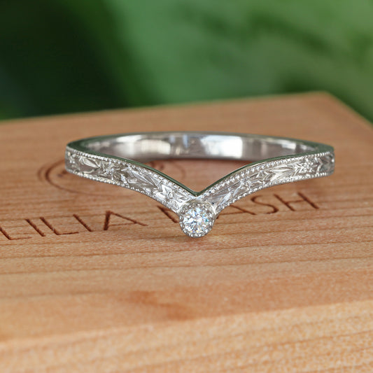 Platinum Diamond Solitaire Wishbone Ring with Orange Blossom Engraving