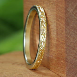 Slim 18ct Gold Orange Blossom Engraved Flat Profile Wedding Ring