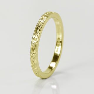 Slim 18ct Gold Orange Blossom Engraved Flat Profile Wedding Ring