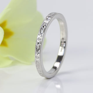 Slim Platinum Orange Blossom Engraved Flat Profile Wedding Ring - Size M