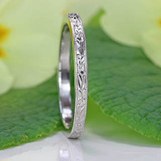 Slim Platinum Orange Blossom Engraved Flat Profile Wedding Ring - Size M