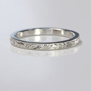 Slim Platinum Orange Blossom Engraved Flat Profile Wedding Ring