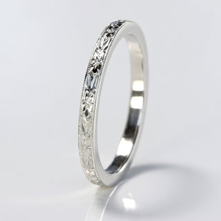 Slim Platinum Orange Blossom Engraved Flat Profile Wedding Ring