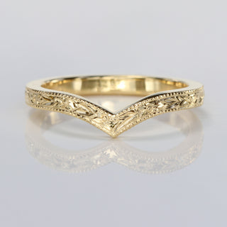 Handmade 18ct gold wishbone wedding band with floral orange blossom engraving