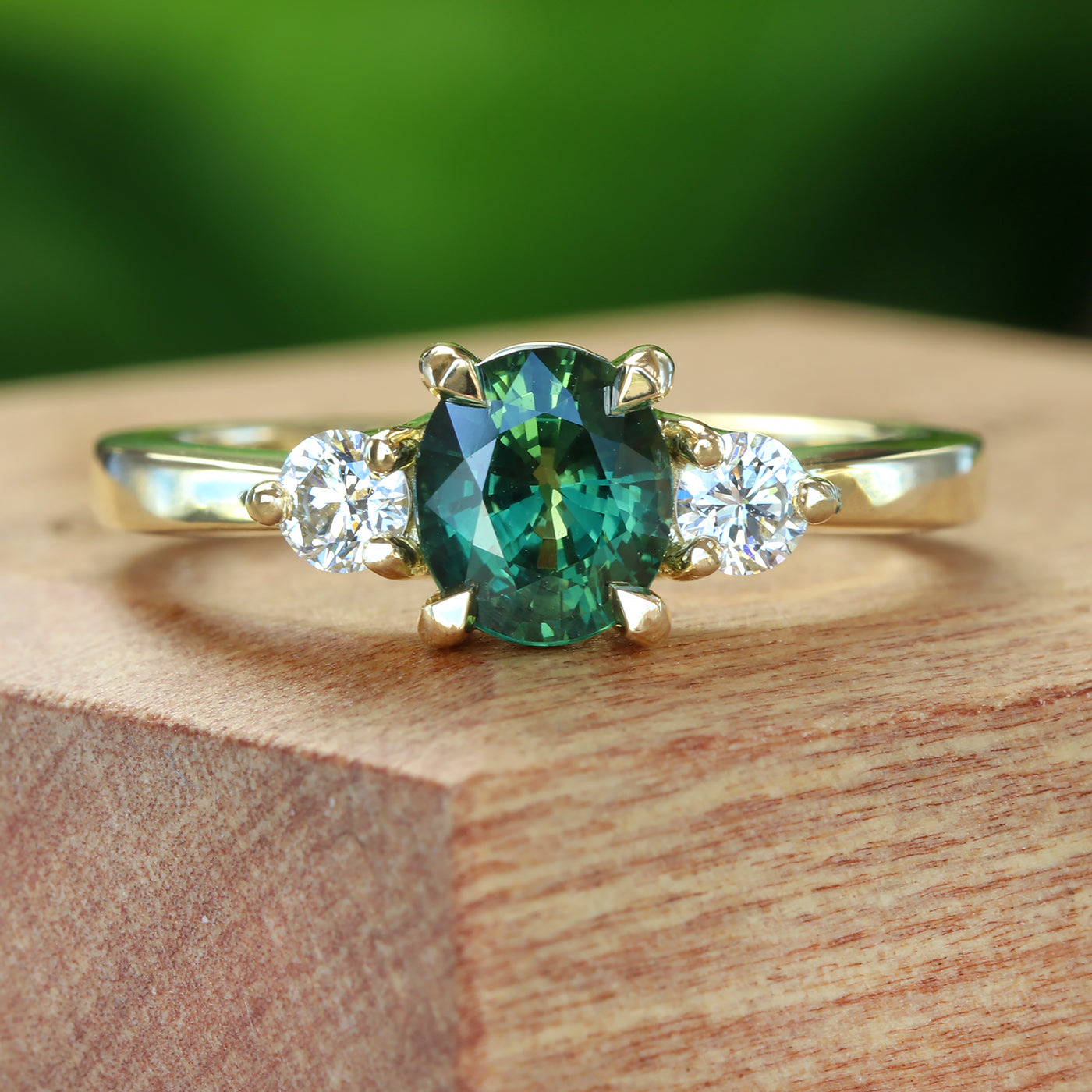 Green Sapphire & Diamond Trilogy Engagement Ring (Size K, Resize J - M 1/2)