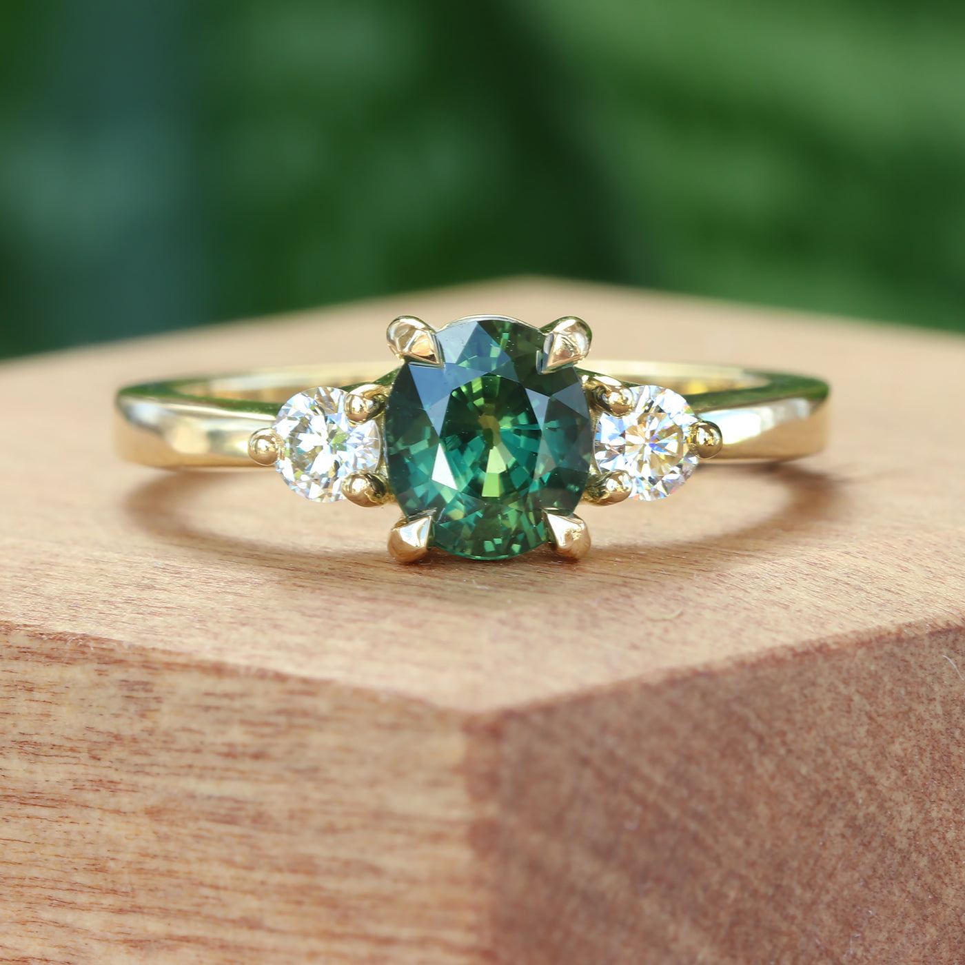 Green Sapphire & Diamond Trilogy Engagement Ring (Size K, Resize J - M 1/2)