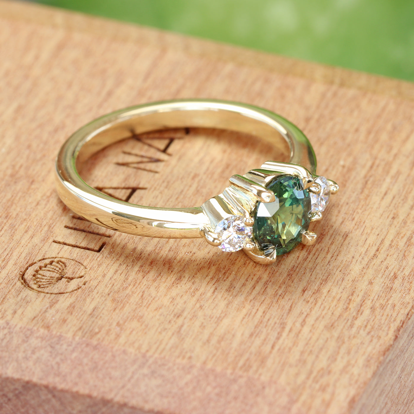 Green Sapphire & Diamond Trilogy Engagement Ring (Size K, Resize J - M 1/2)