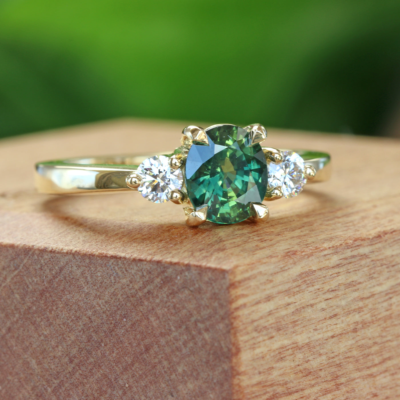 Green Sapphire & Diamond Trilogy Engagement Ring (Size K, Resize J - M 1/2)