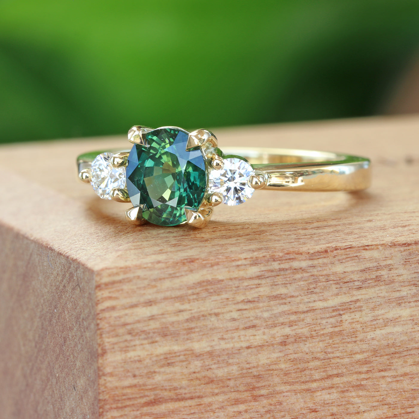 Green Sapphire & Diamond Trilogy Engagement Ring (Size K, Resize J - M 1/2)