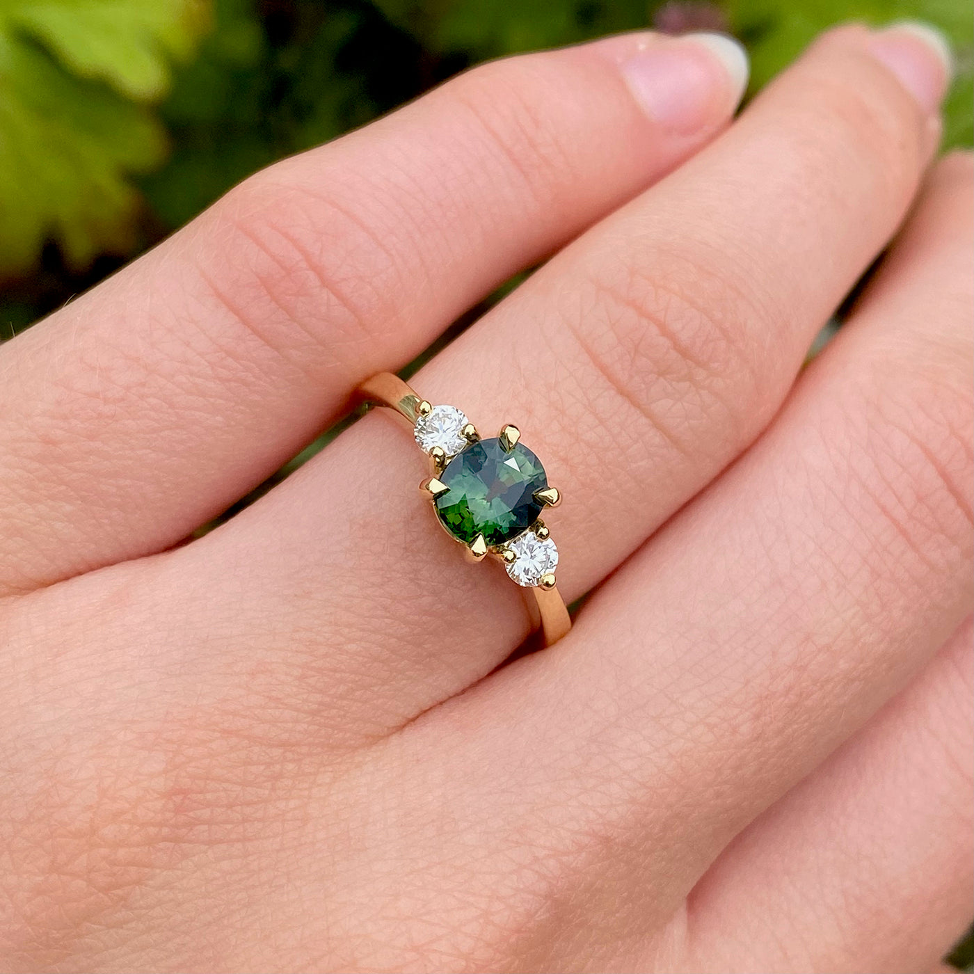 Green Sapphire & Diamond Trilogy Engagement Ring (Size K, Resize J - M 1/2)