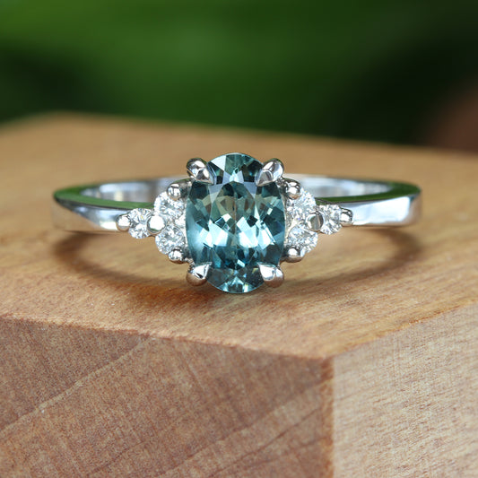 Teal Sapphire & Diamond Cluster Platinum Engagement Ring (Size L, Resize J – N)