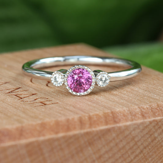 Platinum Petite Pink Sapphire & Diamond Trilogy Ring (Size L 1/2, Resize J - M)
