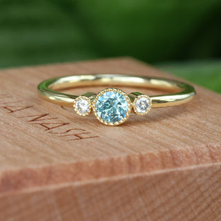 Custom 18ct Gold Petite Teal Sapphire & Diamond Trilogy Engagement Ring