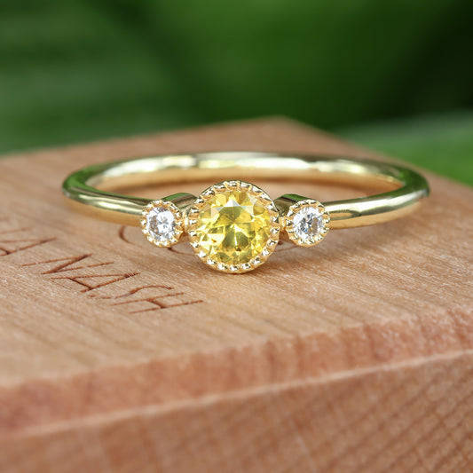 18ct Gold Petite Yellow Sapphire & Diamond Trilogy Ring (Size M, Resize K - M 1/2)