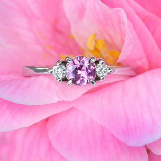 Custom Platinum Fuchsia Pink Sapphire and Diamond Trilogy Engagement Ring (Size N, Resize K - Q)