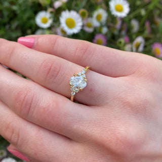 Video of 18ct yellow gold oval lab grown diamond trefoil engagement ring, Being worn of the hand