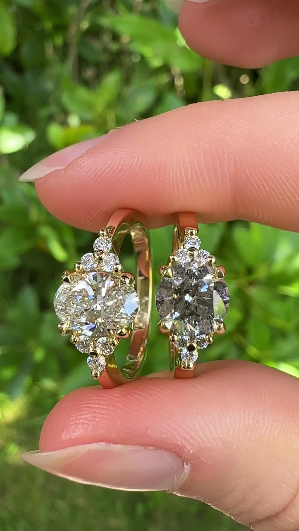 Video of Ennys 18ct gold lab diamond cluster ring and Fowey 8ct gold natural salt and pepper diamond cluster ring