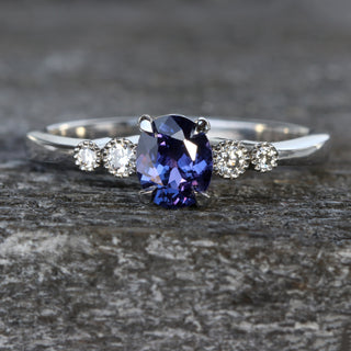Custom Polperro Purple Sapphire & Diamond Cluster Platinum Engagement Ring