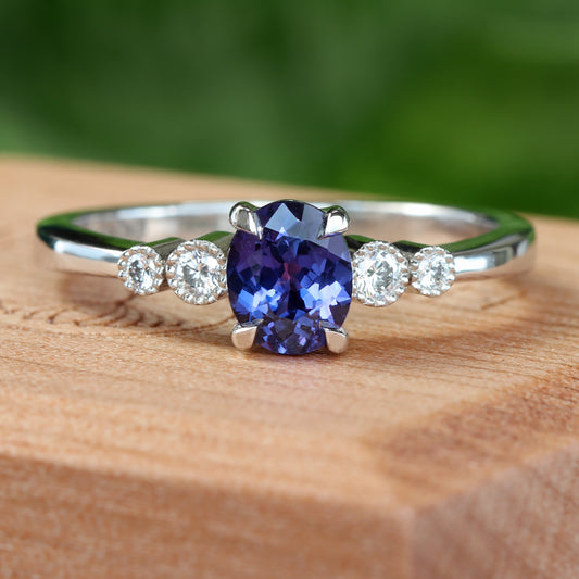Platinum Purple Sapphire & Diamond Cluster Engagement Ring (Size L 1/2, Resize K to N)