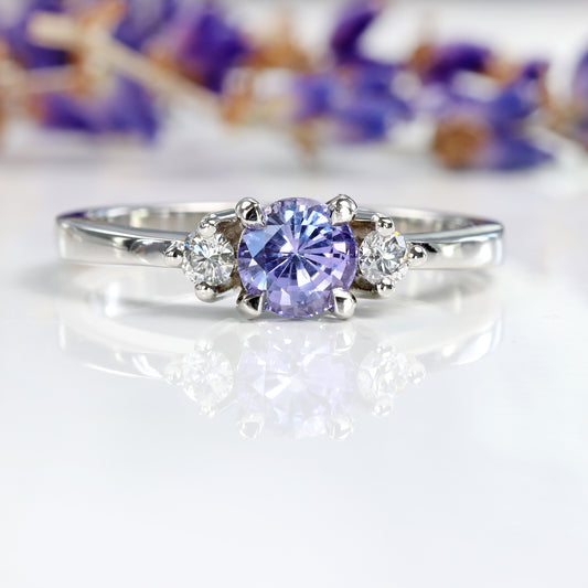 Custom Platinum Purple Sapphire and Diamond Trilogy Engagement Ring