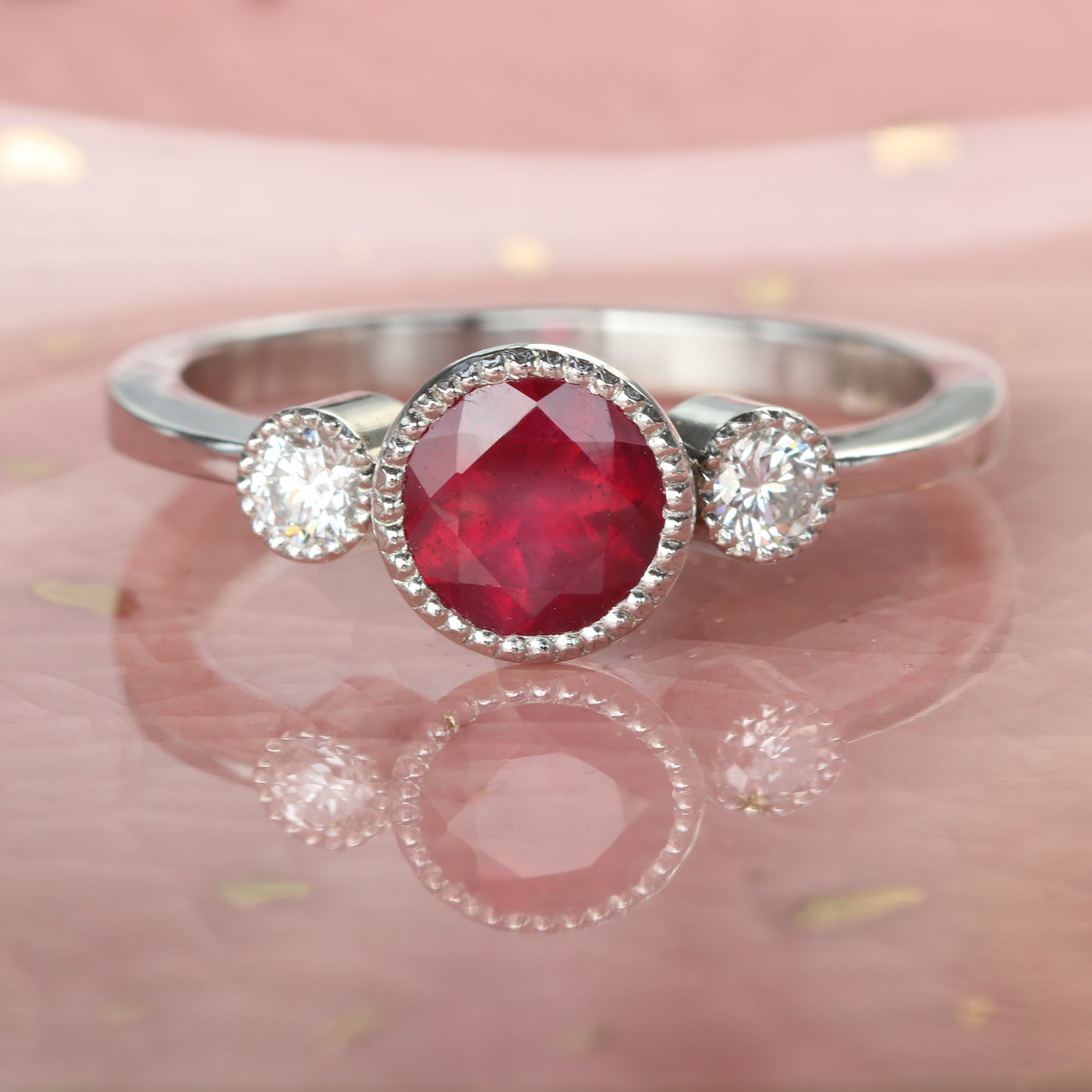 Platinum Ruby & Diamond Trilogy Engagement Ring (Size N 1/2, Resize K 1/2 - Q 1/2)