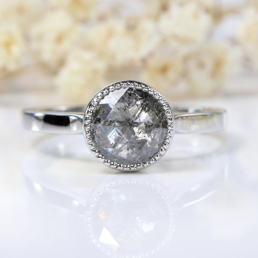 Platinum Salt and Pepper Diamond Solitaire Engagement Ring (Size K, Resize I – M)