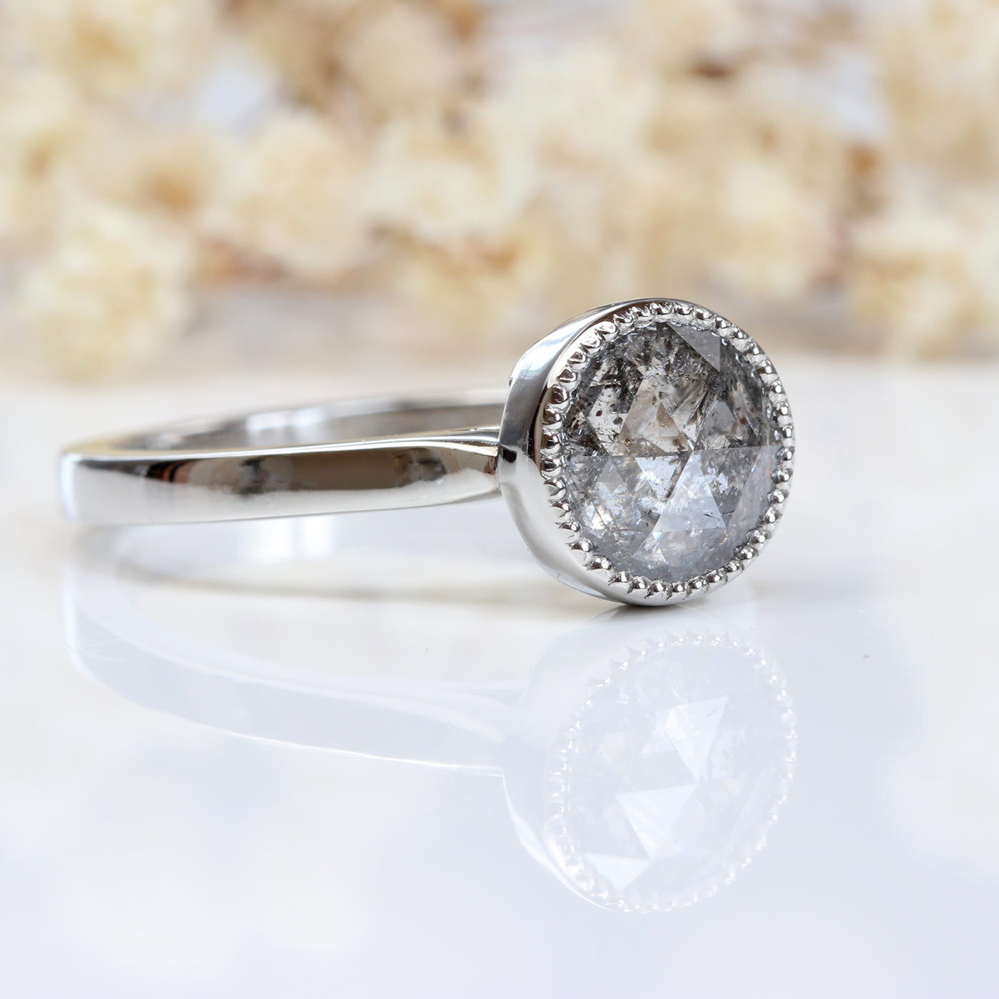 Platinum Salt and Pepper Diamond Solitaire Engagement Ring (Size K, Resize I – M)